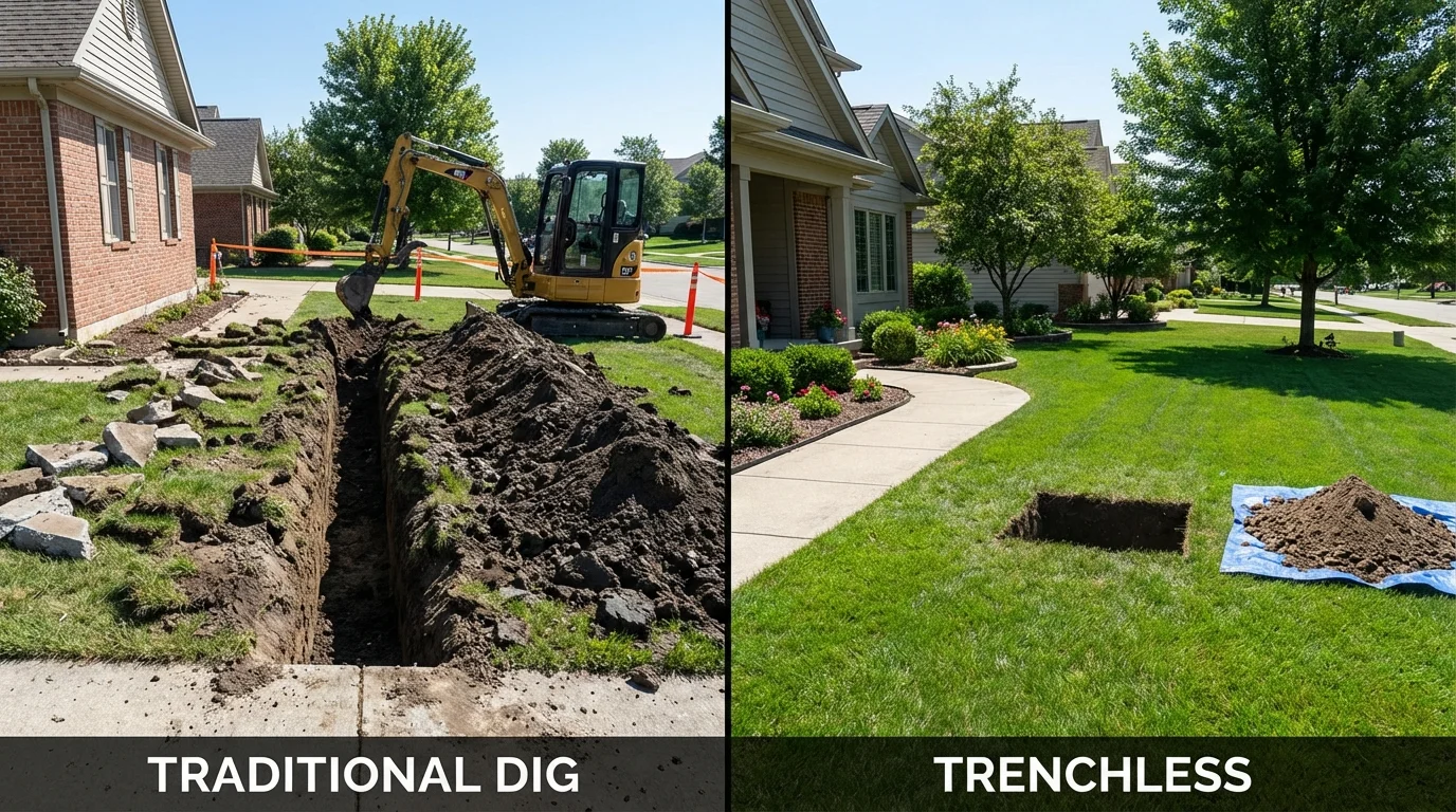 Trenchless sewer repair with minimal yard damage versus traditional excavation in Hudson, NY